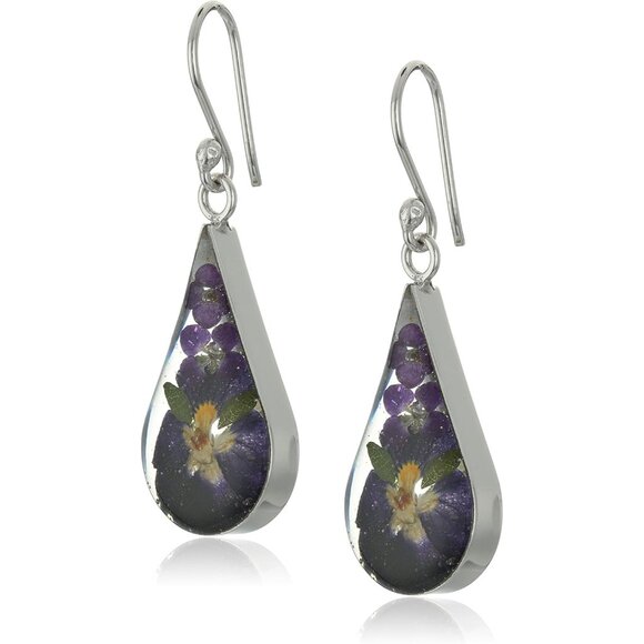 Women's Purple Sterling Pressed Dried Resin Flower Teardrop Shape Earrings - Picture 1 of 6